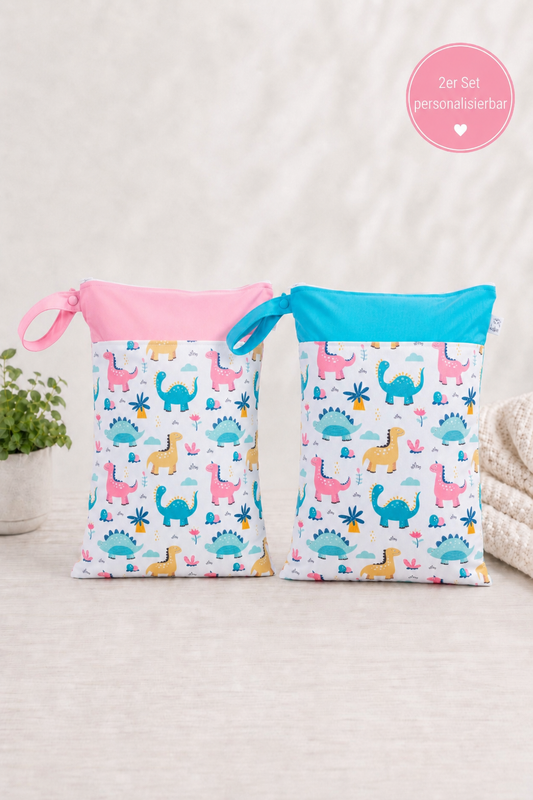 Wetbag Maxi 2er Set "Dinoworld-7"-personalisierbare Nasstaschen für Kita & Kindergarten und Reisen