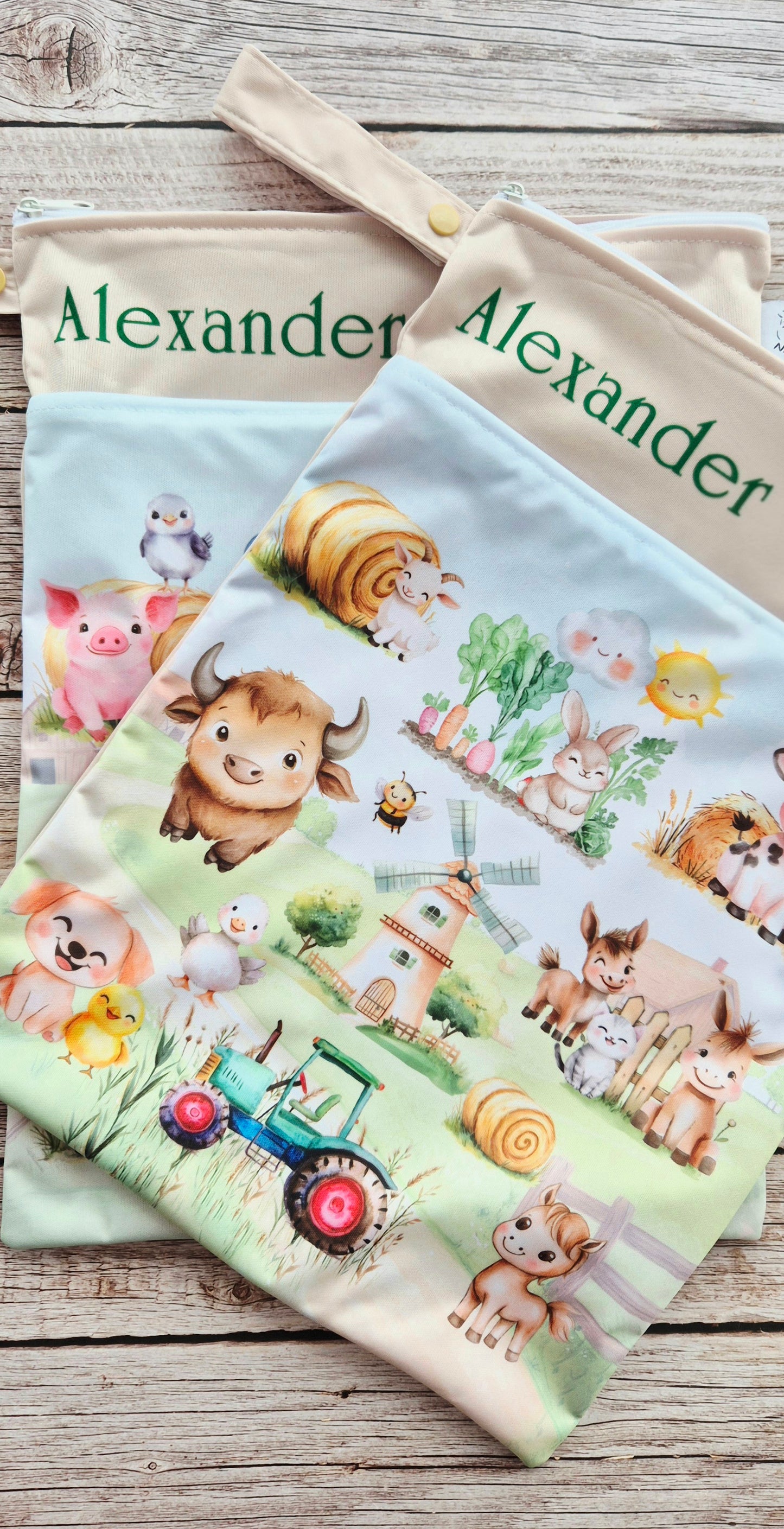 Wetbag Maxi 2er Set "Abenteuer auf dem Bauernhof"-personalisierbare Nasstaschen für Kita & Kindergarten und Reisen