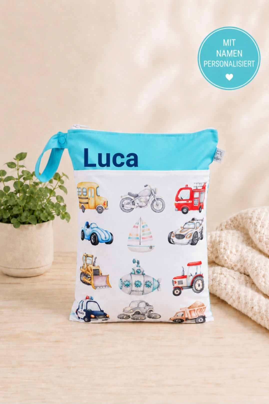 Wetbag Maxi "Abenteuer zu Land & Meer"– personalisierbare Nasstasche für Kita & Kindergarten und Reisen