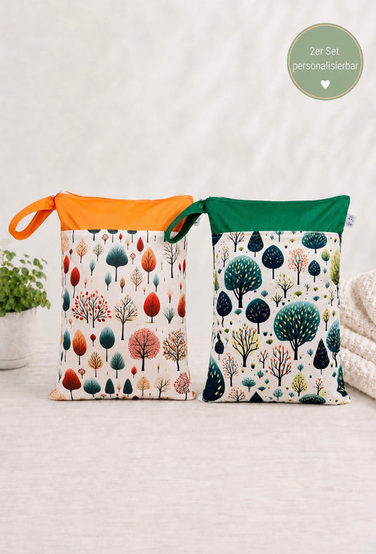 Wetbag Maxi 2er Set "Waldgeflüster"-personalisierbare Nasstaschen für Kita & Kindergarten und Reisen