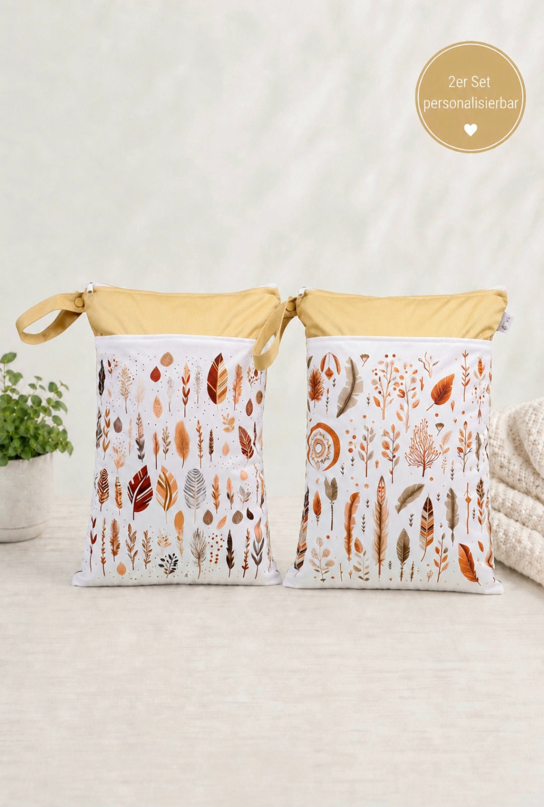 Wetbag Maxi 2er Set "Sonnenblatt"-personalisierbare Nasstaschen für Kita & Kindergarten und Reisen
