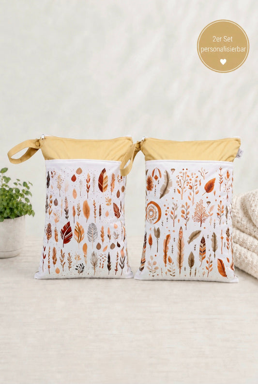 Wetbag Maxi 2er Set "Sonnenblatt"-personalisierbare Nasstaschen für Kita & Kindergarten und Reisen
