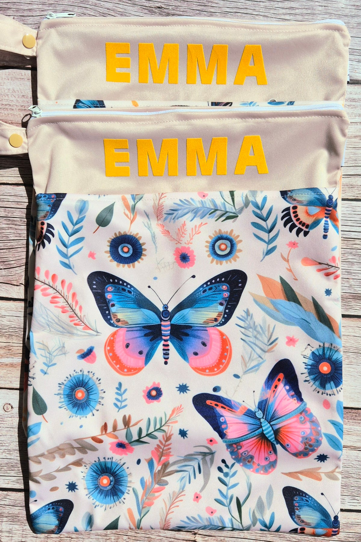 Wetbag Maxi 2er Set "Schmetterling "-personalisierbare Nasstaschen für Kita & Kindergarten und Reisen