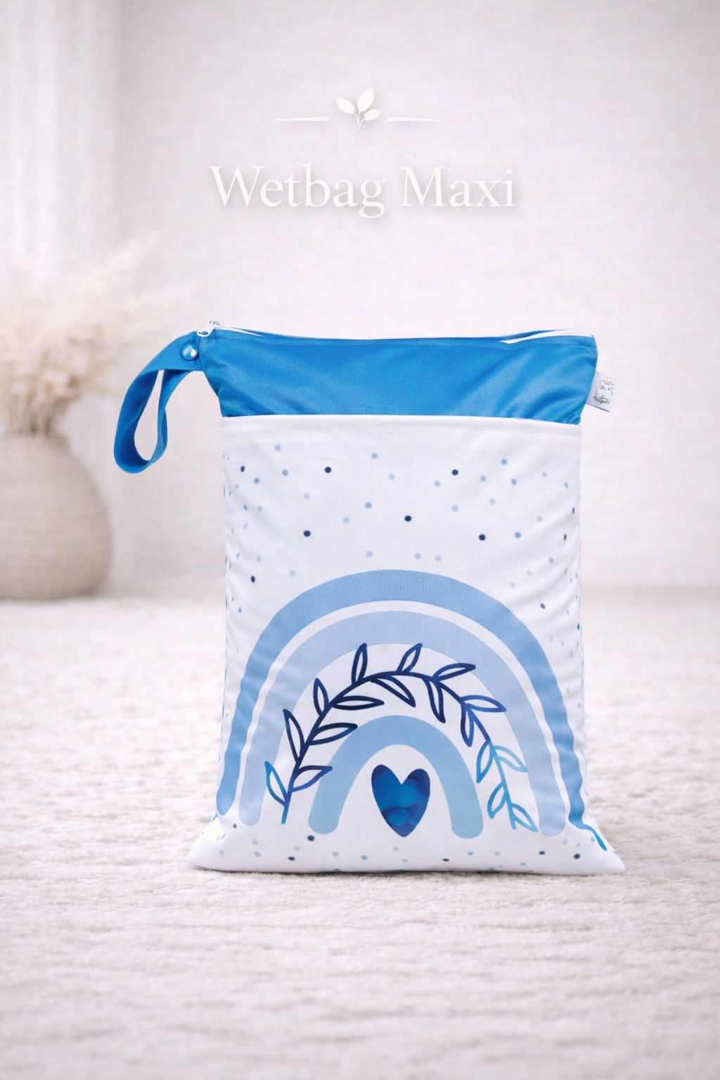 Wasserdichte Wetbag für Baby Windeln personalisiert mit Namen blaues Regenbogen Design wiederverwendbar