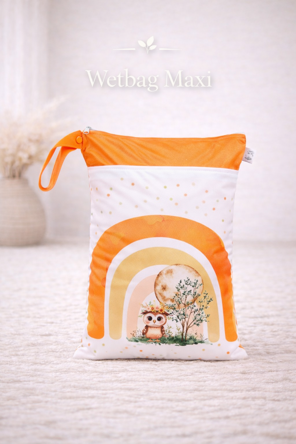 Wasserdichte Wetbag für Baby Windeln personalisiert mit Namen orange Regenbogen mit Eule Motiv wiederverwendbar
