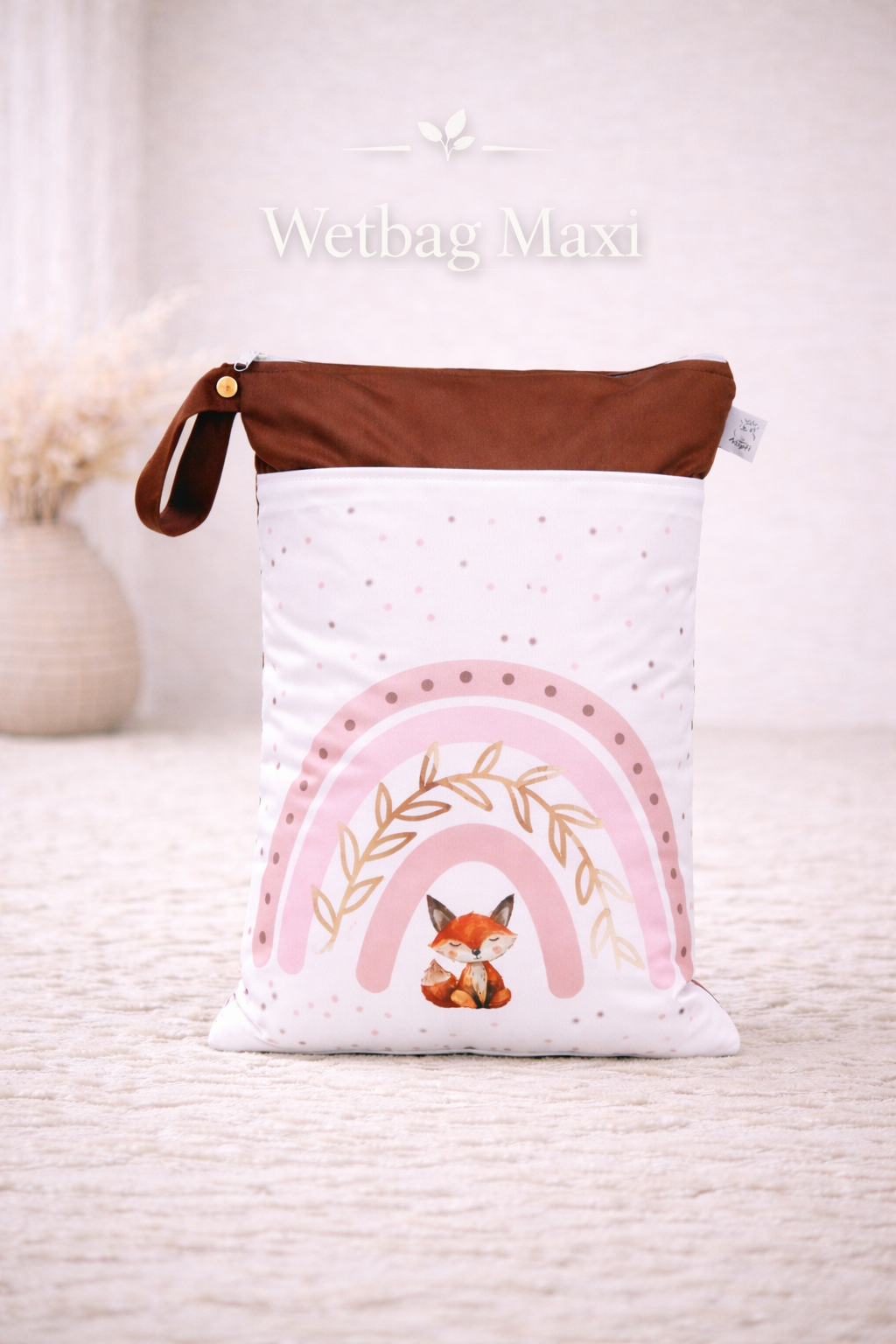 Wasserdichte Wetbag für Baby Windeln personalisiert mit Namen rosa Regenbogen mit Fuchs Design wiederverwendbar
