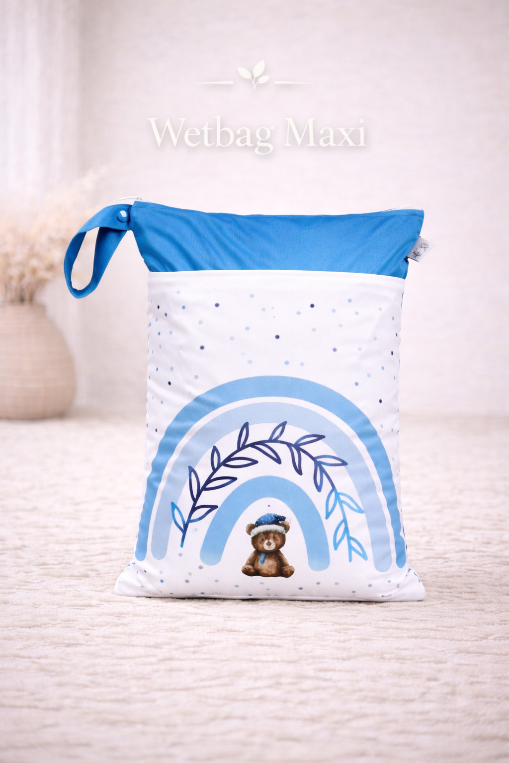 Wasserdichte Wetbag für Baby Windeln personalisiert mit Namen blaues Regenbogen Design wiederverwendbar