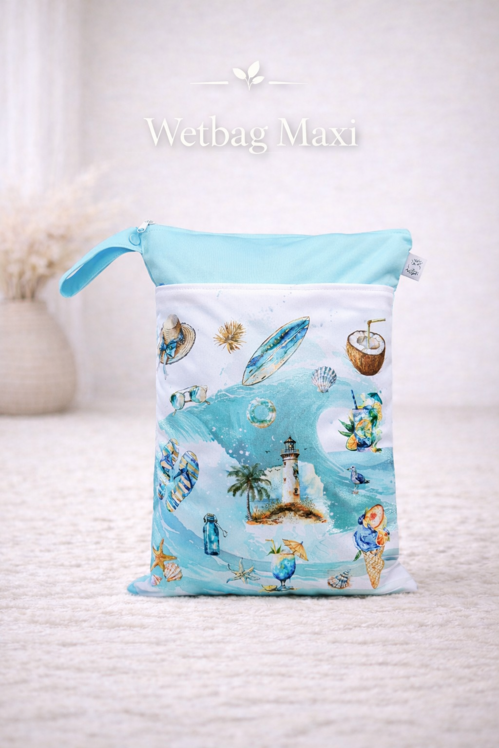 Wasserdichte Wetbag für Baby Windeln personalisiert mit Namen Strand und Meer Design wiederverwendbar