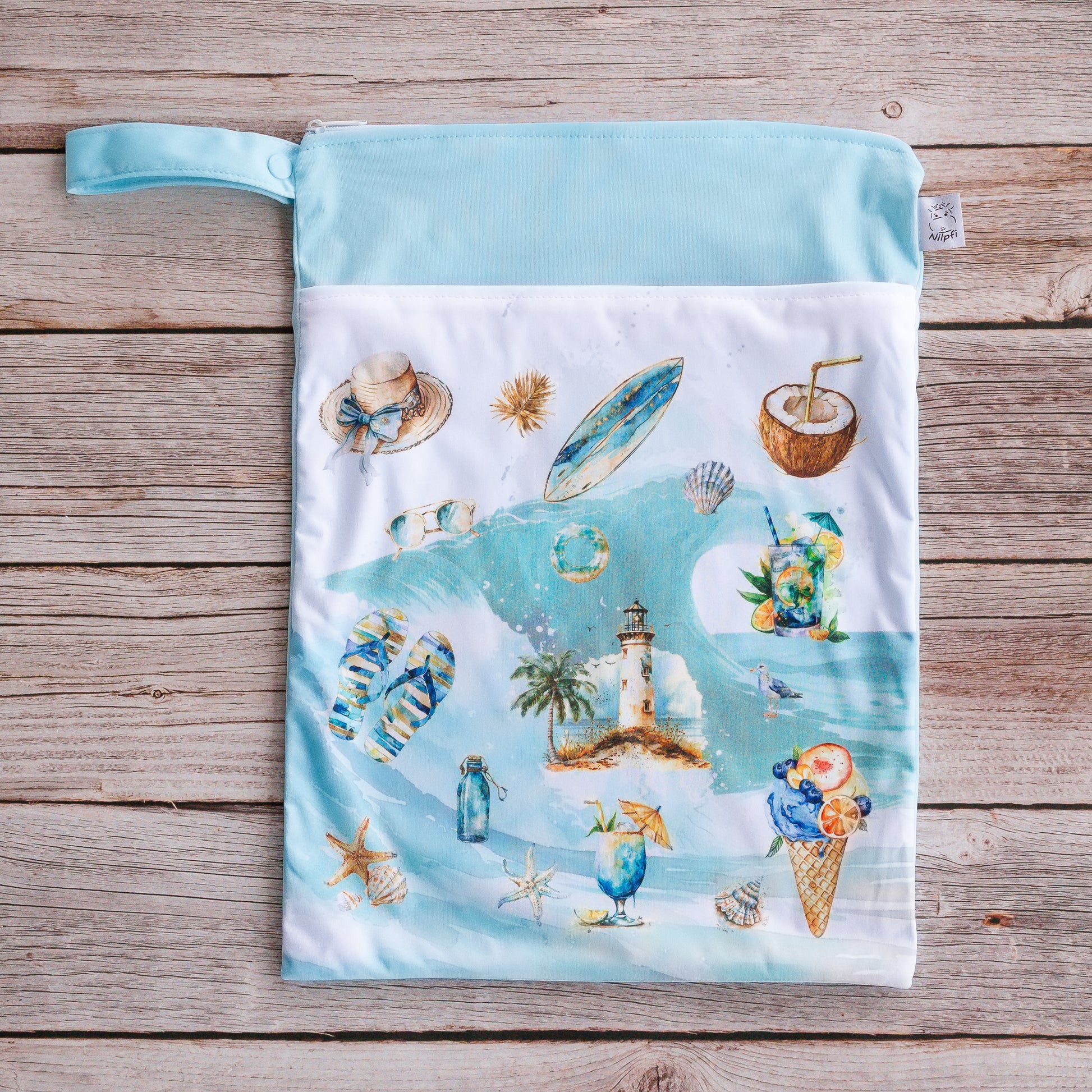 Wetbag für Baby Windeln und Kita wasserdichte Nasstasche mit Strand und Meer Motiv praktisch für unterwegs