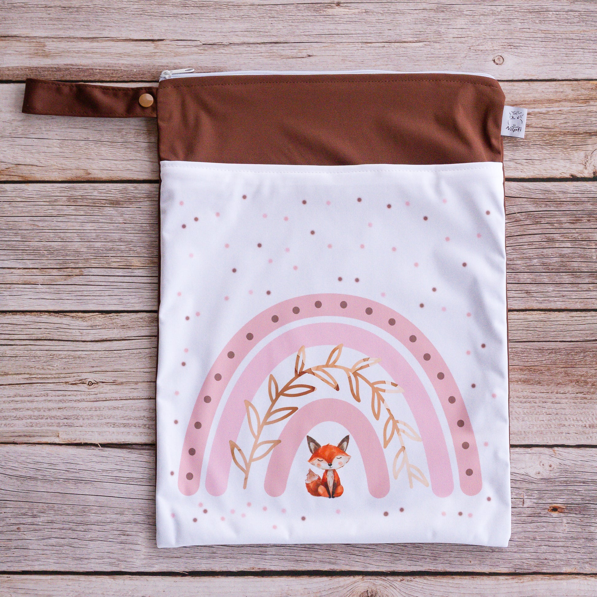 Wetbag für Baby Windeln und Kita wasserdichte Nasstasche mit rosa Regenbogen und Fuchs Motiv praktisch für unterwegs