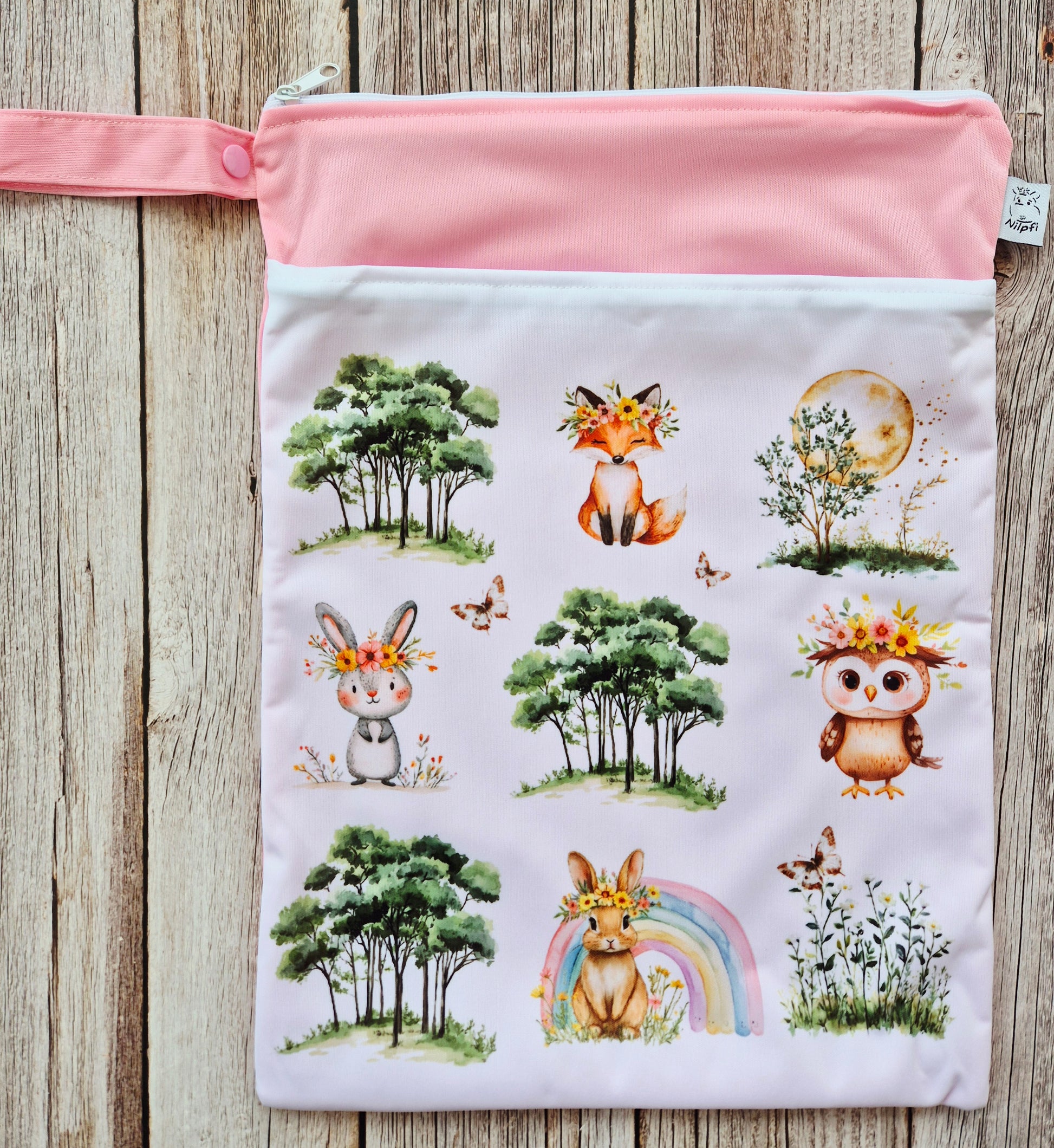 Personalisierte Wetbag Maxi mit Namen individuelles Baby Geschenk mit Waldtiere Motiv wasserdicht und wiederverwendbar