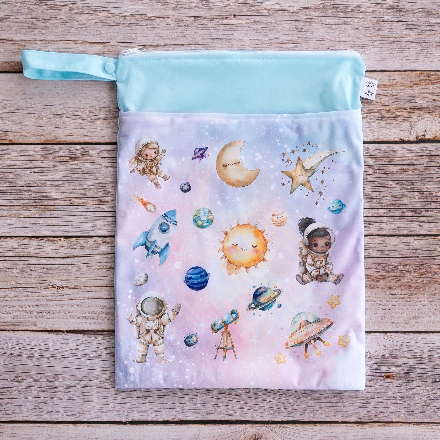 Personalisierte Wetbag mit Namen individuelles Baby Geschenk praktisch und süß mit Planetenmotiv