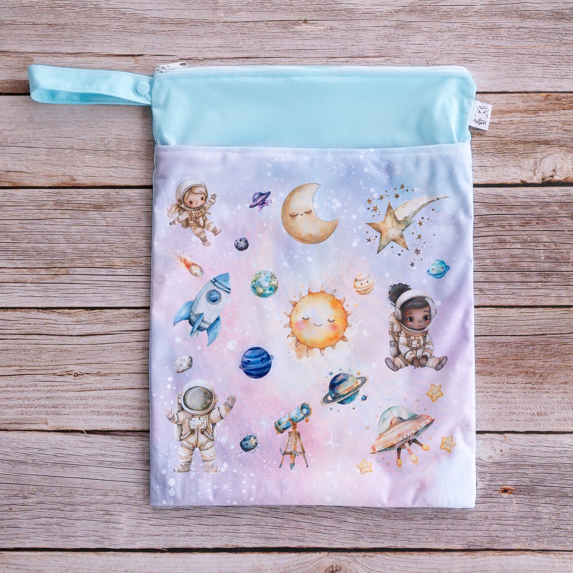 Personalisierte Wetbag mit Namen individuelles Baby Geschenk praktisch und süß mit Planetenmotiv