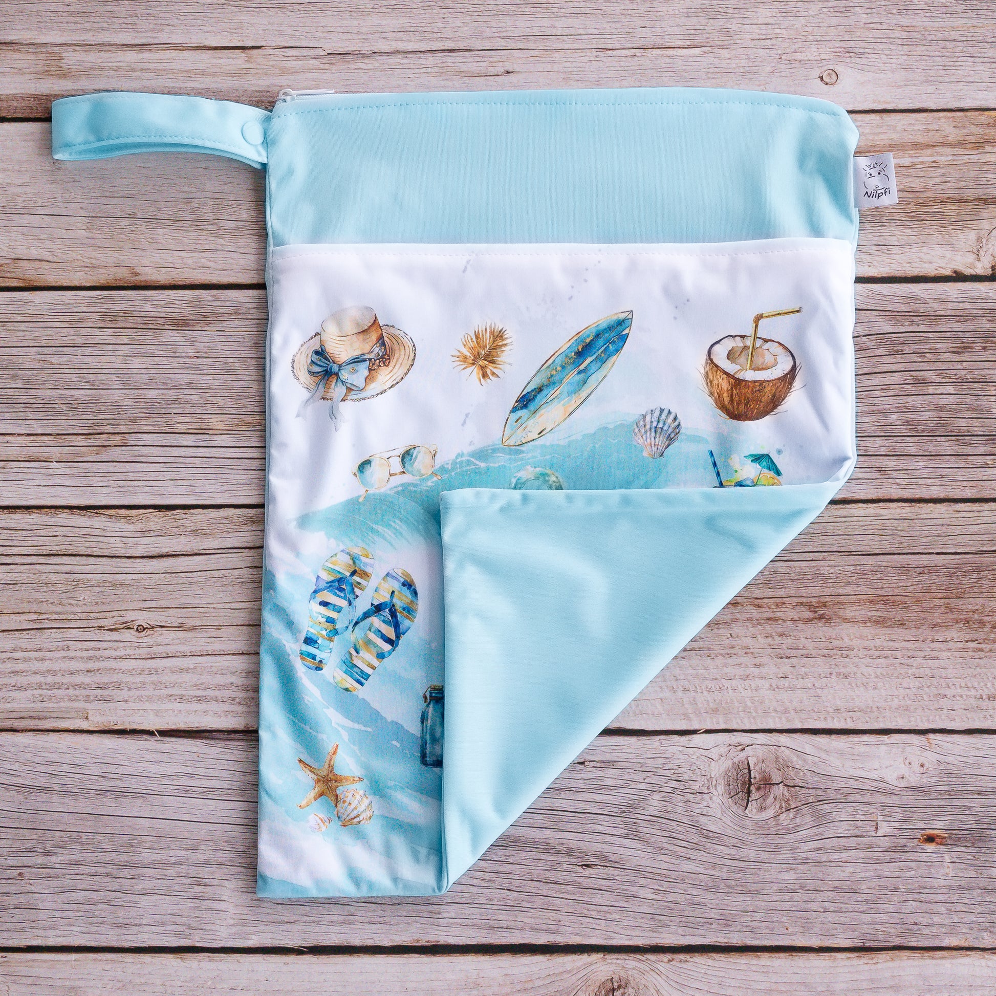 Personalisierte Wetbag mit Namen individuelles Baby Geschenk mit Strand und Meer Motiv wasserdicht und wiederverwendbar