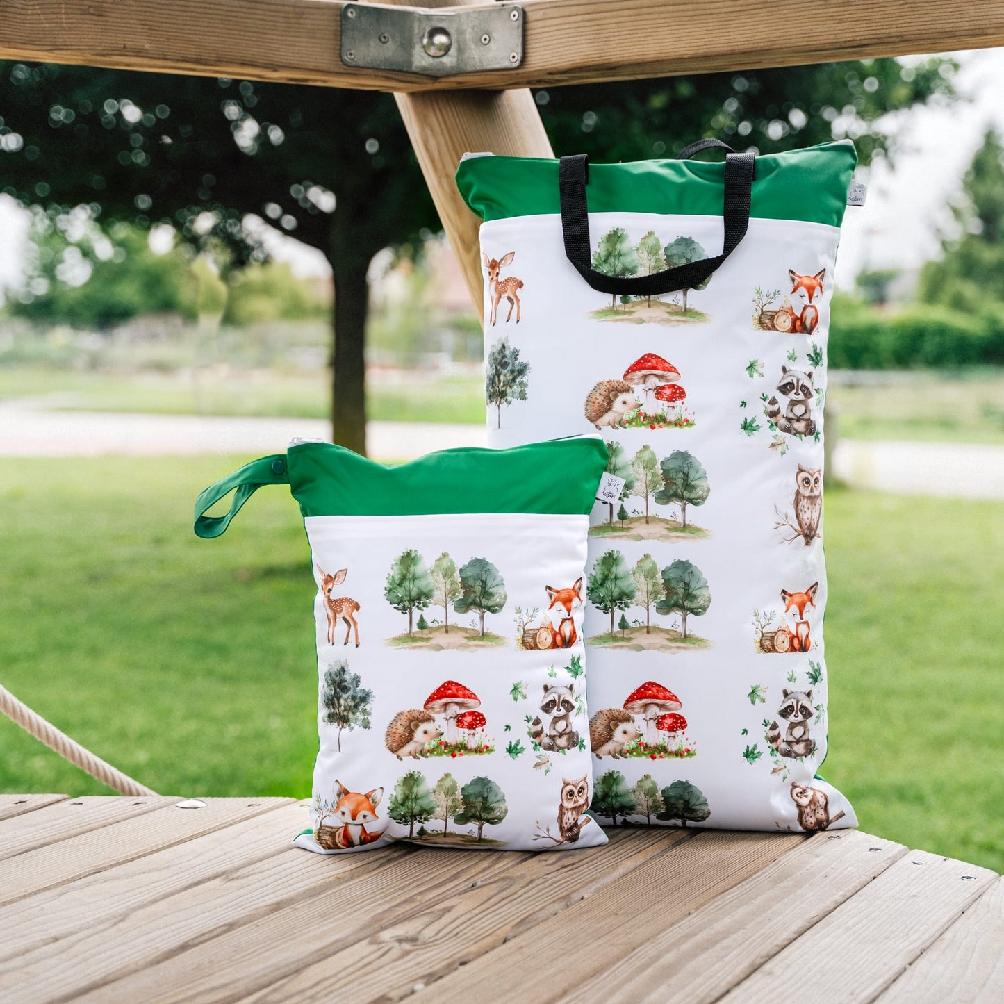 XXL und Maxi Wetbag 2er Set wasserdicht für Baby Windeln personalisiert mit Namen Wald Tier Design wiederverwendbar