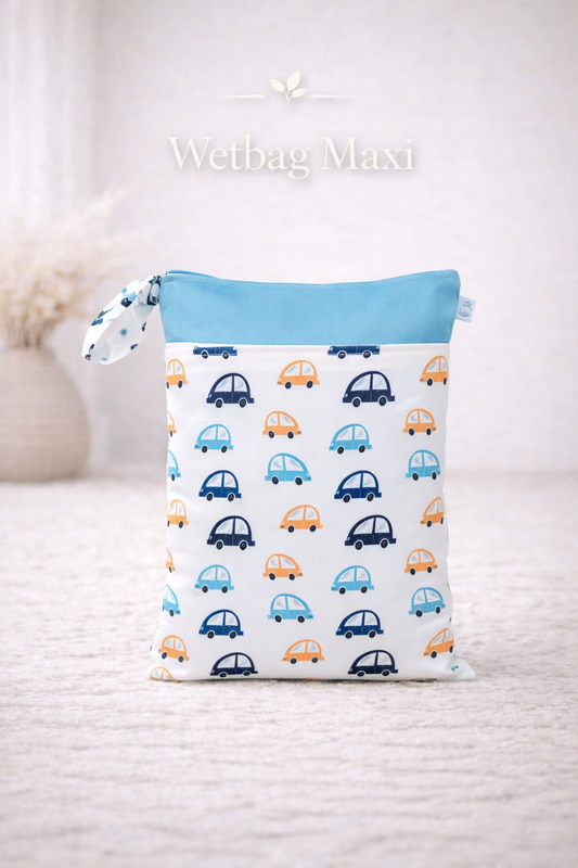 Wasserdichte Wetbag für Baby Windeln personalisiert mit Namen süßes Auto Design wiederverwendbar