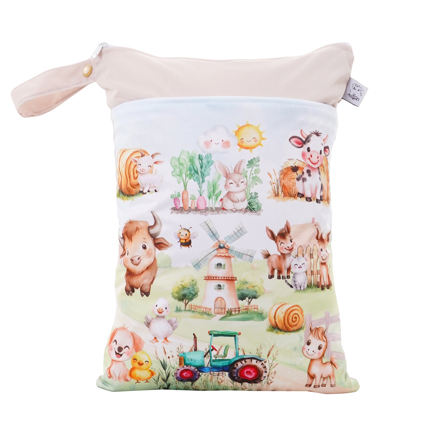Wasserdichte Wetbag für Baby Windeln personalisiert mit Namen süßes Bauernhof Tier Design wiederverwendbar
