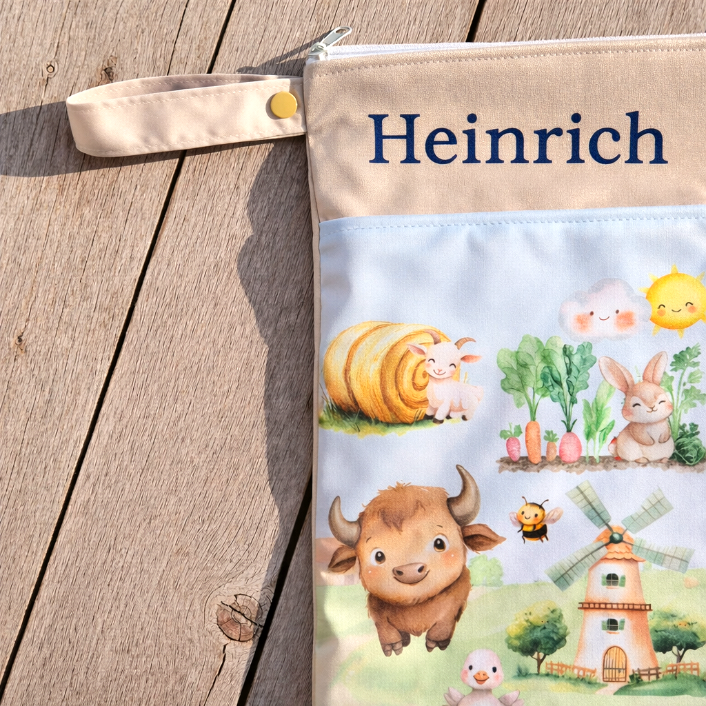 Personalisierte Wetbag mit Namen individuelles Baby Geschenk praktisch und süß mit Bauernhofmotiv