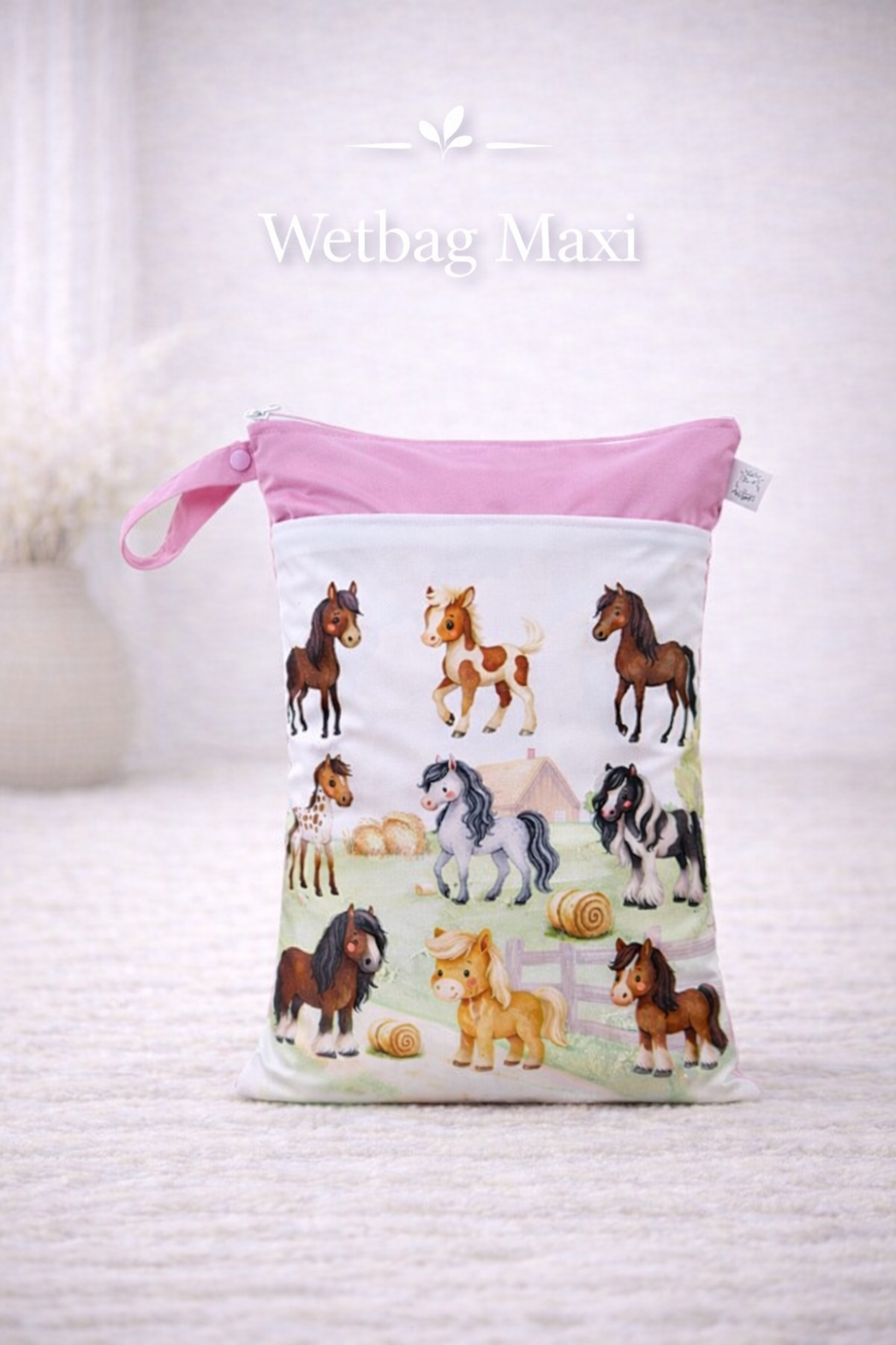 Wasserdichte Wetbag für Baby Windeln personalisiert mit Namen süßes Bauernhof-Pferde-Tier Design wiederverwendbar