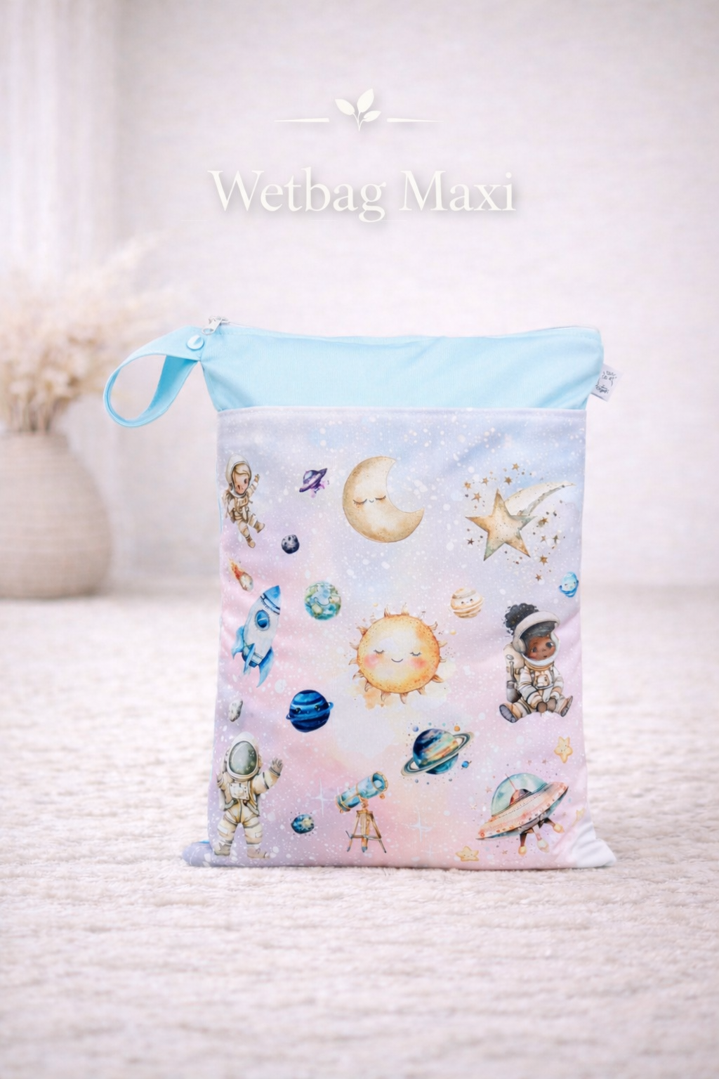 Wasserdichte Wetbag für Baby Windeln personalisiert mit Namen süßes Weltraum Design wiederverwendbar