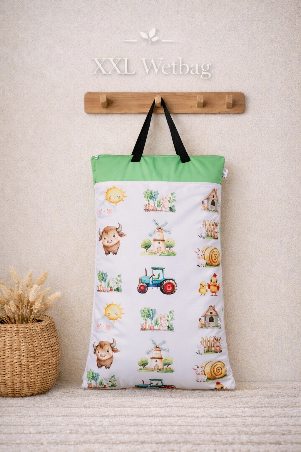 XXL Wetbag 40x70 cm wasserdicht große Nasstasche für Baby Windeln mit Bauernhof und Kinder Design wiederverwendbar