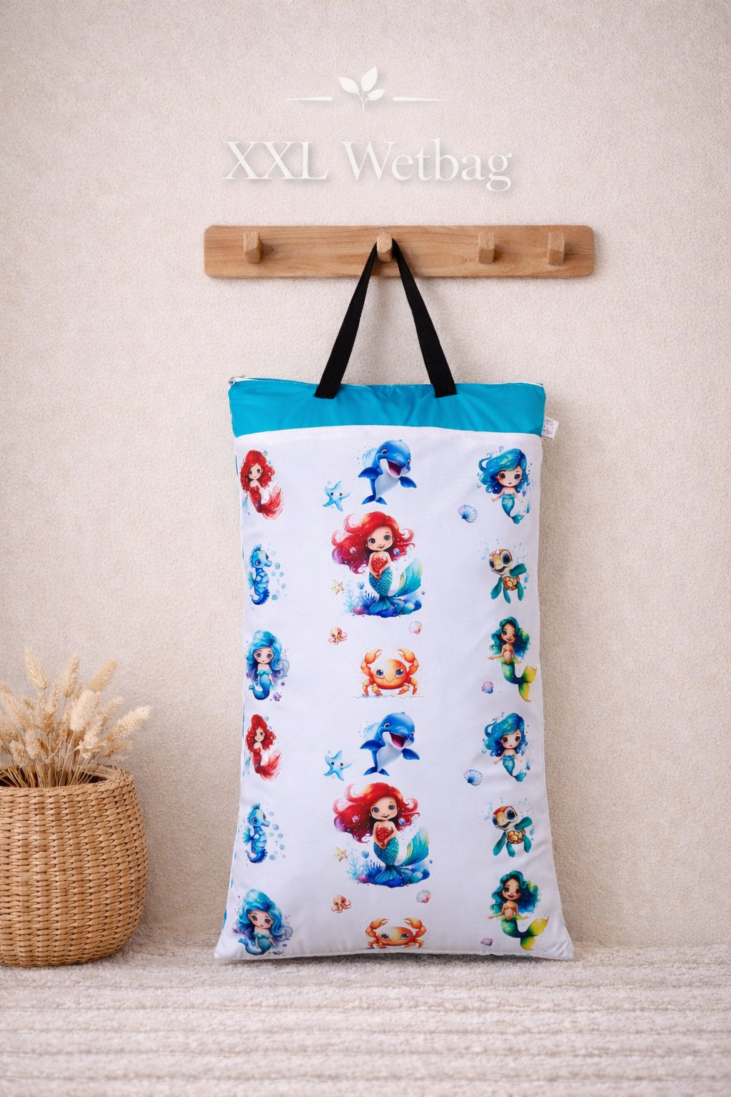 XXL Wetbag 40x70 cm wasserdicht große Nasstasche für Baby Windeln mit Meerjungfrau und Unterwasser Design wiederverwendbar